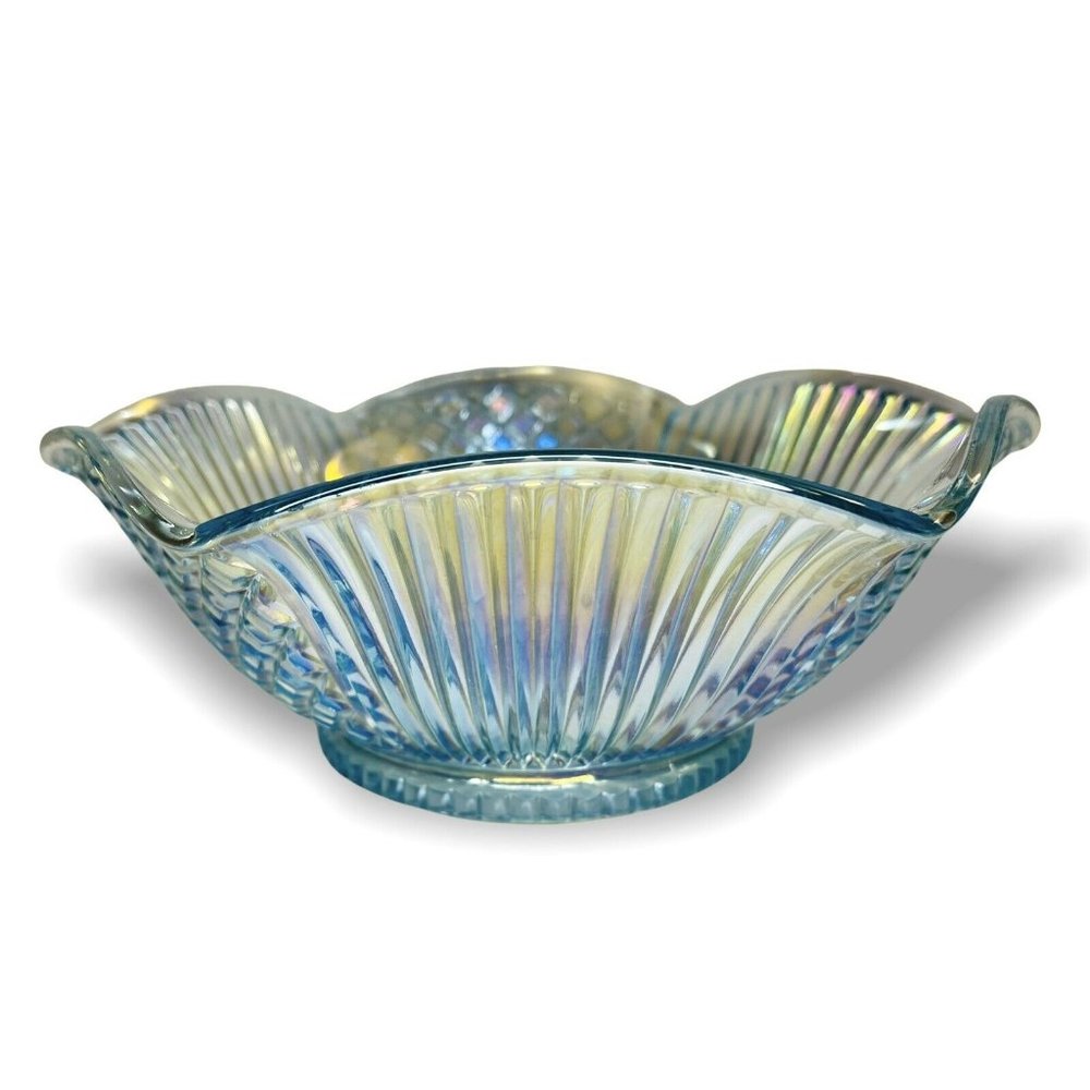 Imperial Lenox Starfire Carnival Horizon Blue Diamond Ribbed Iridescent Bowl 10"